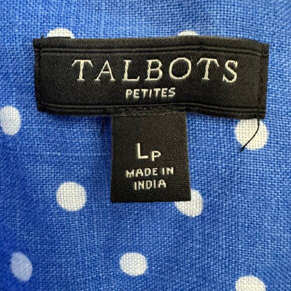 Talbots Blue Polka Dot Linen Button Down Roll Tab Sleeve Casual Shirt L Petite - Picture 5 of 7